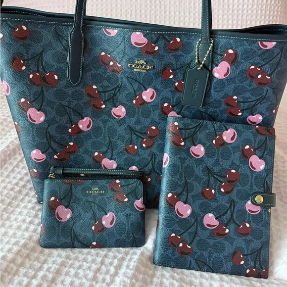 Coach Cherry Print Tote Set - Blue and Pink - Picture 1 of 6